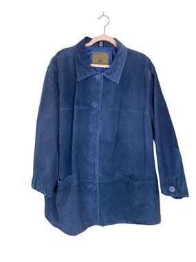 St John’s Bay Blue Genuine Leather Jacket 2X Plus Size Button Front Leather Coat